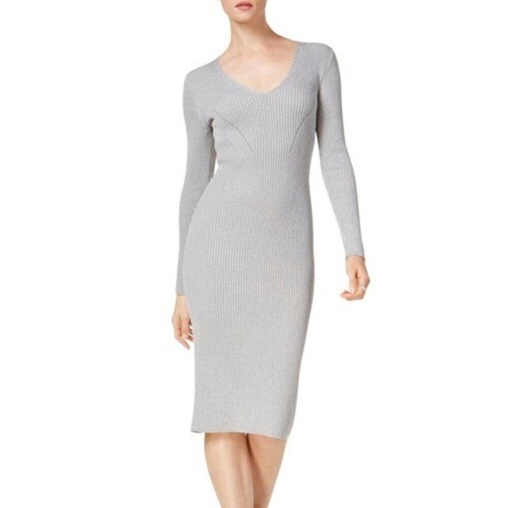 MICHAEL Michael Kors Metallic Ribbed Knit Pointenelle Sweater V-Neck Dress